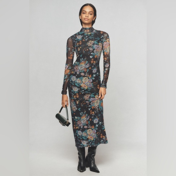 By Anthropologie Long-Sleeve Mock-Neck Printed Slim Midi Dress - Picture 2 of 6